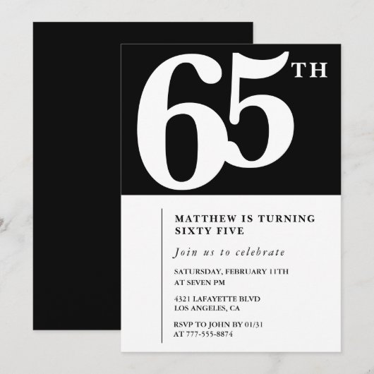 Zwarte 65e verjaardag uitnodiging Elegant Chic Sim (Voorkant / Achterkant)