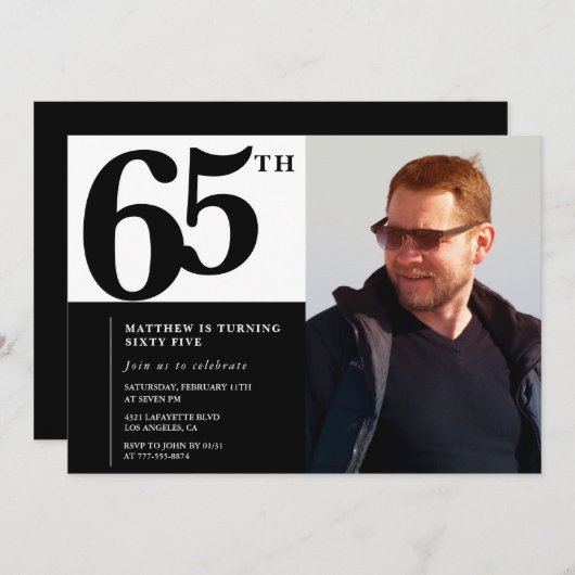 Zwarte 65e verjaardag uitnodigingen Elegant Chic (Voorkant / Achterkant)