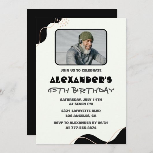 Zwarte 65e verjaardag uitnodigingen Mannen Eenvoud (Voorkant / Achterkant)