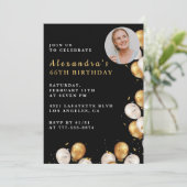 Zwarte 66e verjaardag uitnodiging Gold Balloon Fot (Staand voorkant)