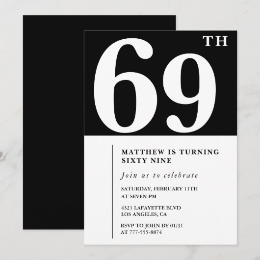 Zwarte 69ste verjaardag uitnodiging Elegant Chic S (Voorkant / Achterkant)