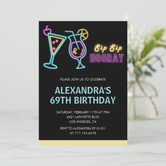 Zwarte 69ste verjaardag uitnodigingen Cocktail Neo (Staand voorkant)