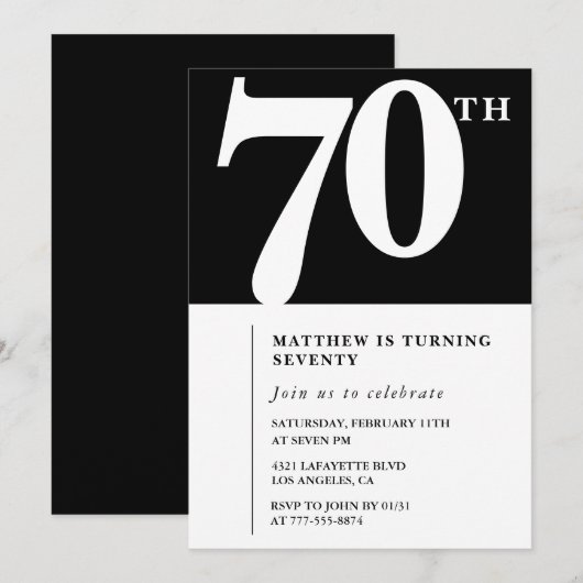 Zwarte 70e verjaardag uitnodiging Elegant Chic Sim (Voorkant / Achterkant)