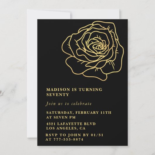 Zwarte 70e verjaardag uitnodigingen Gold Floral (Voorkant)