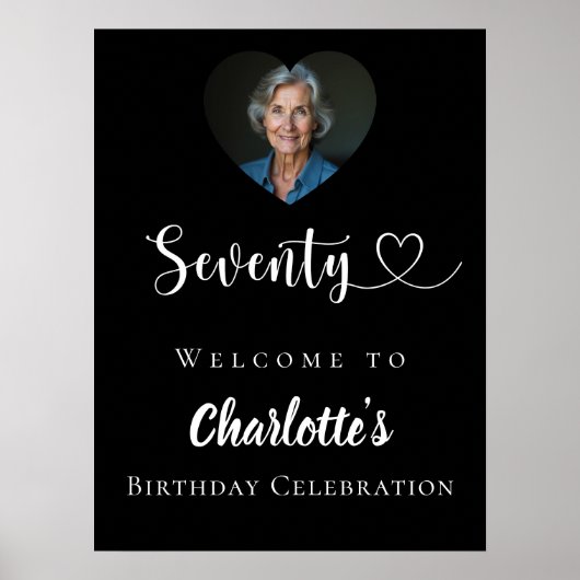 Zwarte 70e verjaardagsfeest foto hart welkom poster (Voorkant)