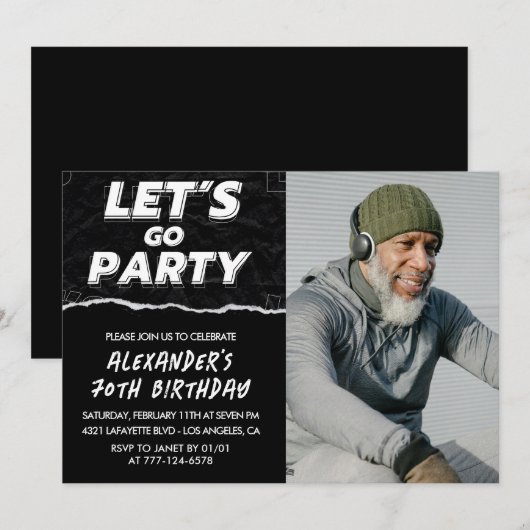 Zwarte 70ste verjaardagsuitnodigingen Mannen Foto Kaart (Voorkant / Achterkant)