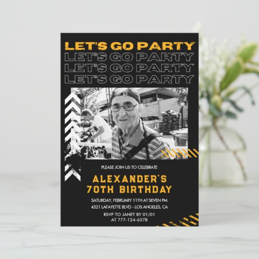 Zwarte 70ste verjaardagsuitnodigingen Mannen Fotos Kaart (Staand voorkant)