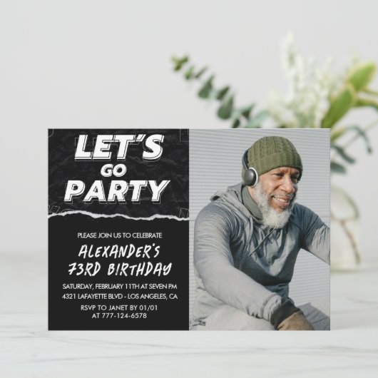 Zwarte 73e verjaardag uitnodigingen Mannen Foto (Staand voorkant)