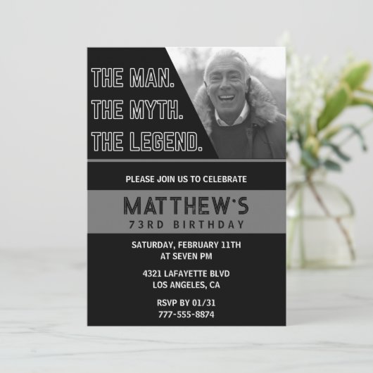 Zwarte 73e verjaardagsuitnodiging Het Man De Legen Kaart (Staand voorkant)