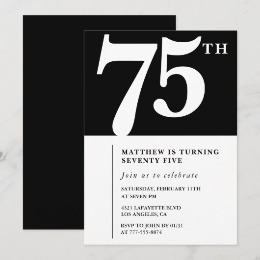 Zwarte 75e verjaardag uitnodiging Elegant Chic Sim (Voorkant / Achterkant)