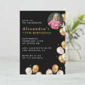 Zwarte 75e verjaardag uitnodiging Gold Balloon Fot (Staand voorkant)