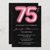 Zwarte 75e verjaardag uitnodigingen Balloon Glam P (Voorkant / Achterkant)