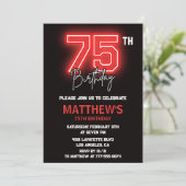 Zwarte 75e verjaardag uitnodigingen Mannen Neon (Staand voorkant)
