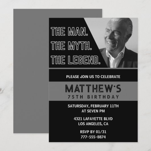 Zwarte 75e verjaardagsuitnodiging Het Man De Legen Kaart (Voorkant / Achterkant)