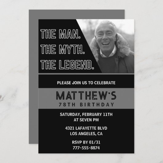 Zwarte 78e verjaardagsuitnodiging Het Man De Legen Kaart (Voorkant / Achterkant)