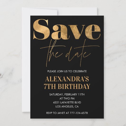 Zwarte 7e verjaardag uitnodigingen Bewaar de datum (Voorkant)