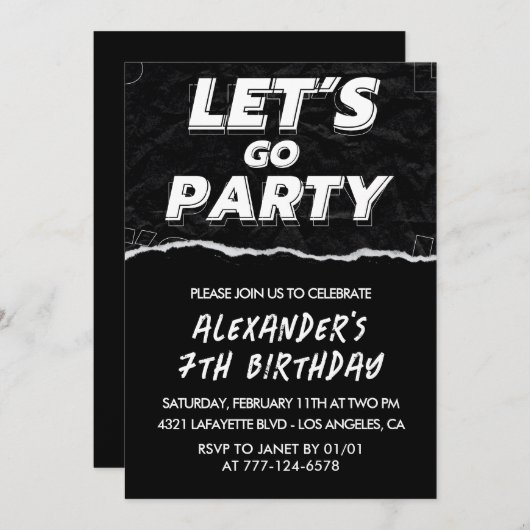 Zwarte 7e verjaardag uitnodigingen jongen wit (Voorkant / Achterkant)