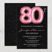 Zwarte 80ste verjaardag uitnodigingen Balloon Glam (Voorkant / Achterkant)
