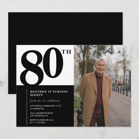 Zwarte 80ste verjaardag uitnodigingen Elegant Chic (Voorkant / Achterkant)