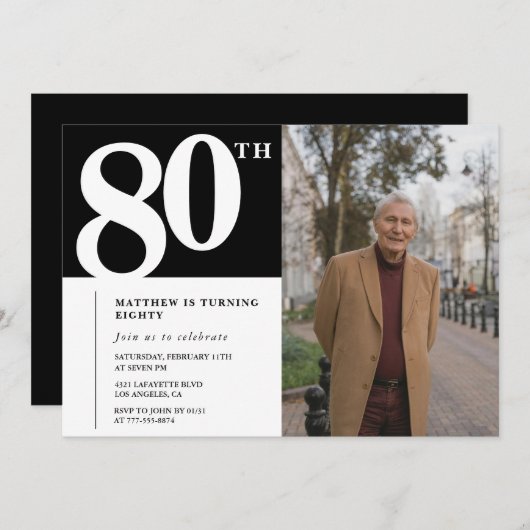 Zwarte 80ste verjaardag uitnodigingen Modern Chic  (Voorkant / Achterkant)