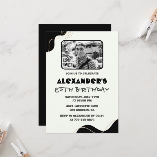 Zwarte 85e verjaardag uitnodigingen Mannen Eenvoud (Voorkant / Achterkant in situ)