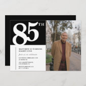 Zwarte 85e verjaardag uitnodigingen Modern Chic Fo (Voorkant / Achterkant)