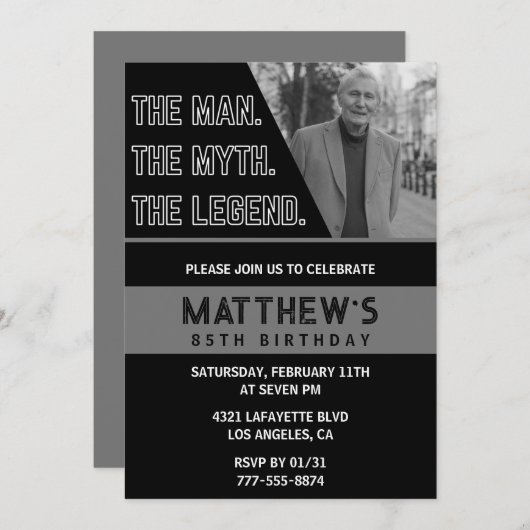 Zwarte 85ste verjaardagsuitnodiging Het Man De Leg Kaart (Voorkant / Achterkant)