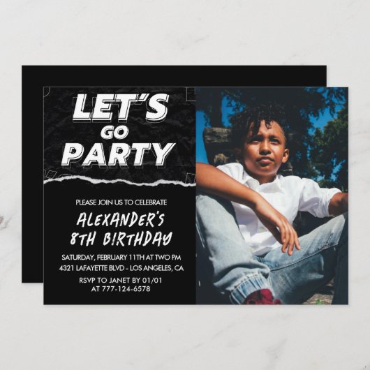 Zwarte 8e verjaardag uitnodigingen Boy Photo (Voorkant / Achterkant)