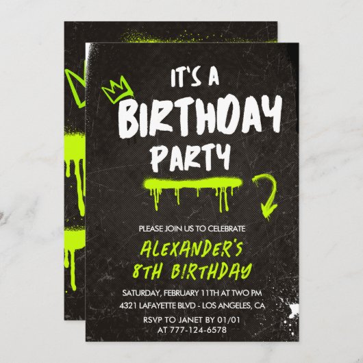 Zwarte 8e verjaardag uitnodigingen jongen Graffiti (Voorkant / Achterkant)