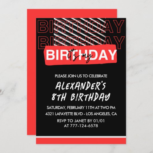 Zwarte 8e verjaardag uitnodigingen jongen Party Ro (Voorkant / Achterkant)