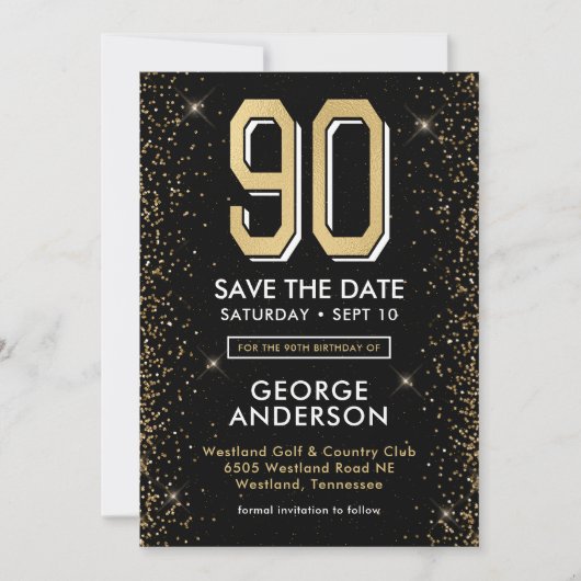 Zwarte 90e verjaardag in moderne stijl  save the date (Voorkant)