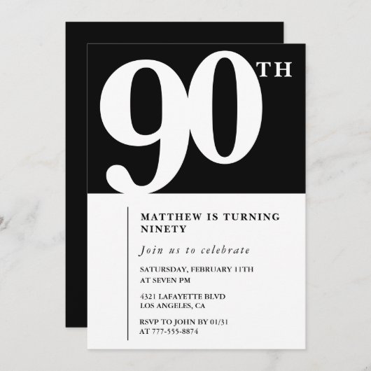 Zwarte 90ste verjaardag uitnodiging Elegant Chic S (Voorkant / Achterkant)