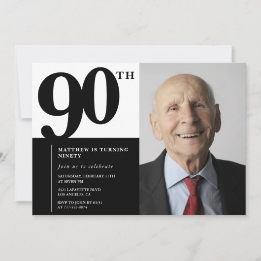 Zwarte 90ste verjaardag uitnodigingen Elegant Chic (Voorkant)