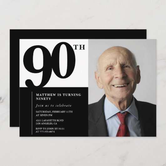Zwarte 90ste verjaardag uitnodigingen Elegant Chic (Voorkant / Achterkant)