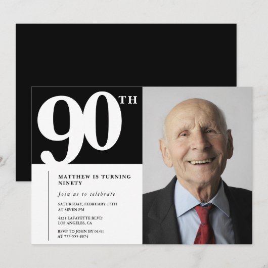 Zwarte 90ste verjaardag uitnodigingen Modern Chic  (Voorkant / Achterkant)