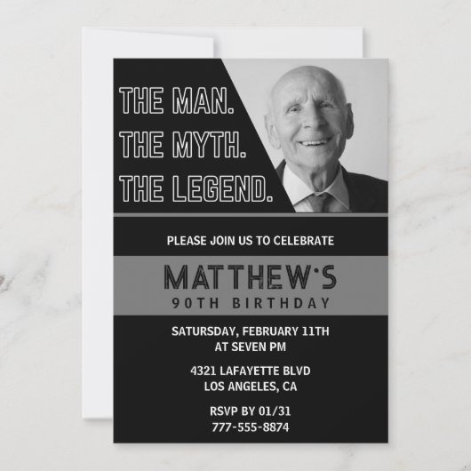 Zwarte 90ste verjaardagsuitnodiging Het Man De Leg Kaart (Voorkant)
