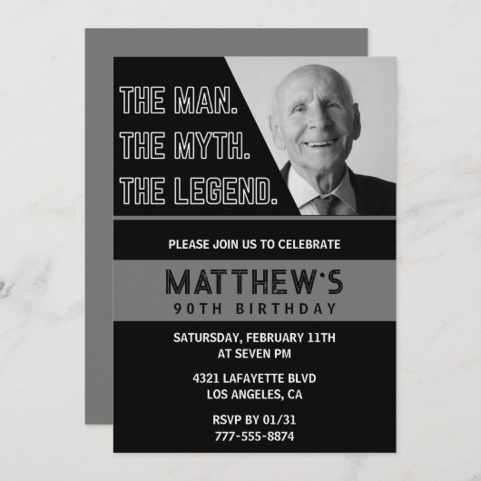 Zwarte 90ste verjaardagsuitnodiging Het Man De Leg Kaart (Voorkant / Achterkant)