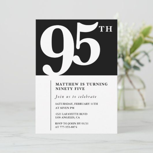 Zwarte 95e verjaardag uitnodiging Elegant Chic Sim (Staand voorkant)