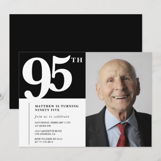 Zwarte 95e verjaardag uitnodigingen Modern Chic Fo (Voorkant / Achterkant)