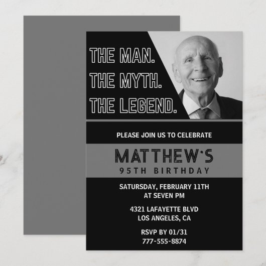 Zwarte 95e verjaardagsuitnodiging Het Man De Legen Kaart (Voorkant / Achterkant)
