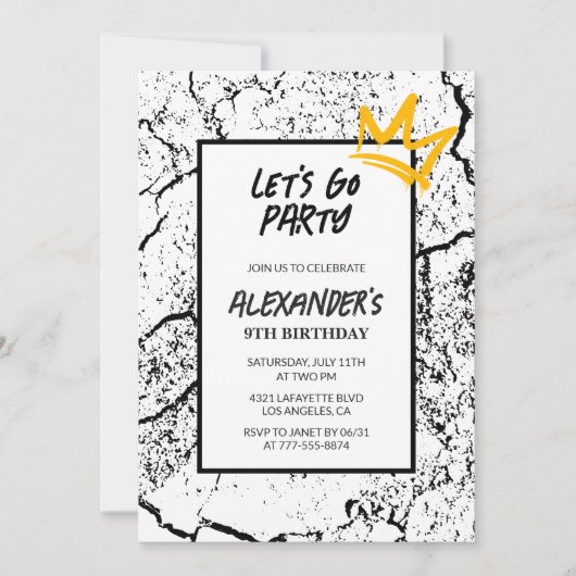 Zwarte 9e verjaardag uitnodiging Boy Hip Hop (Voorkant)