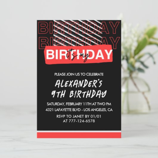 Zwarte 9e verjaardag uitnodigingen jongen Party Ro (Staand voorkant)