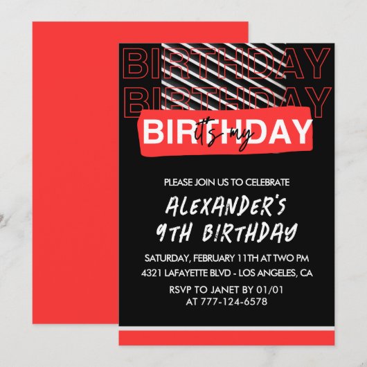 Zwarte 9e verjaardag uitnodigingen jongen Party Ro (Voorkant / Achterkant)