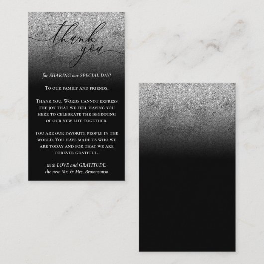 Zwarte aangepaste foto grijs glans zilver bedankt informatiekaartje (Voorkant / Achterkant)