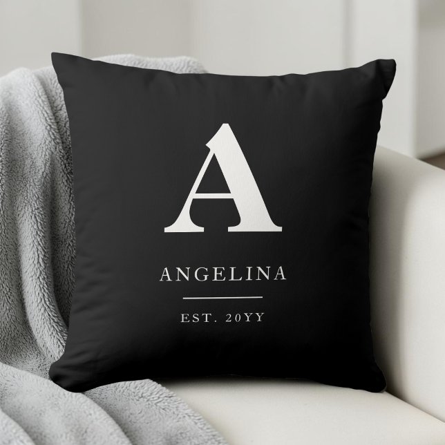 Zwarte Aangepaste Moderne Monogram Eerste Oprichti Kussen (Black Custom Modern Monogram Initial Established Throw Pillow)