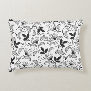 Zwarte abstracte bloemen op witte achtergrond accent kussen