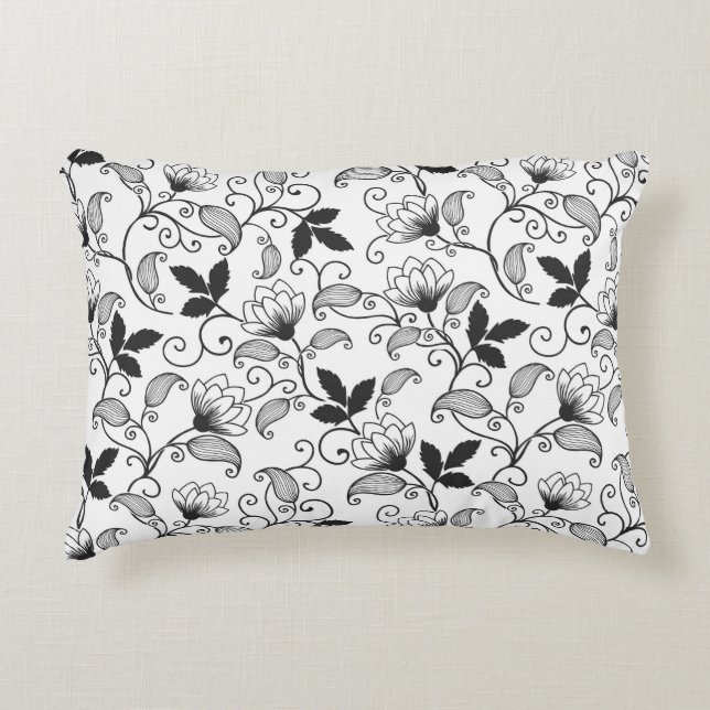Zwarte abstracte bloemen op witte achtergrond accent kussen (Voorkant)