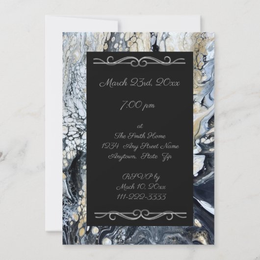 Zwarte Abstracte Verjaardagsfeest Uitnodiging (Achterkant)