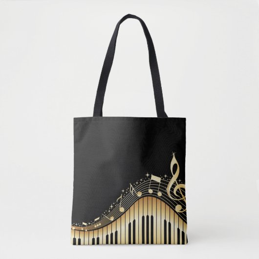 Zwarte achtergrond en gouden muzieknoten tote bag (Voorkant)