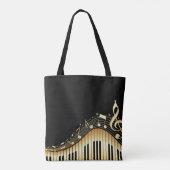 Zwarte achtergrond en gouden muzieknoten tote bag (Achterkant)